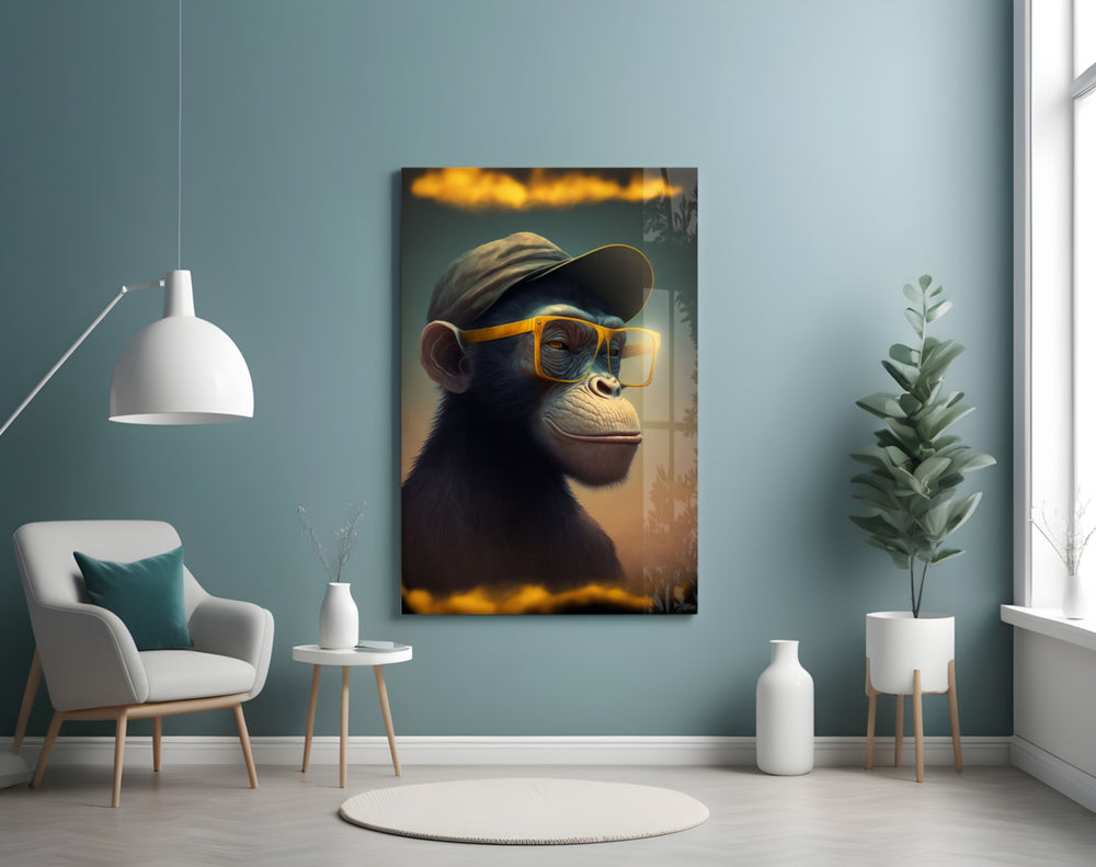 Wise Monkey glass wall art styled above a console in a hallway