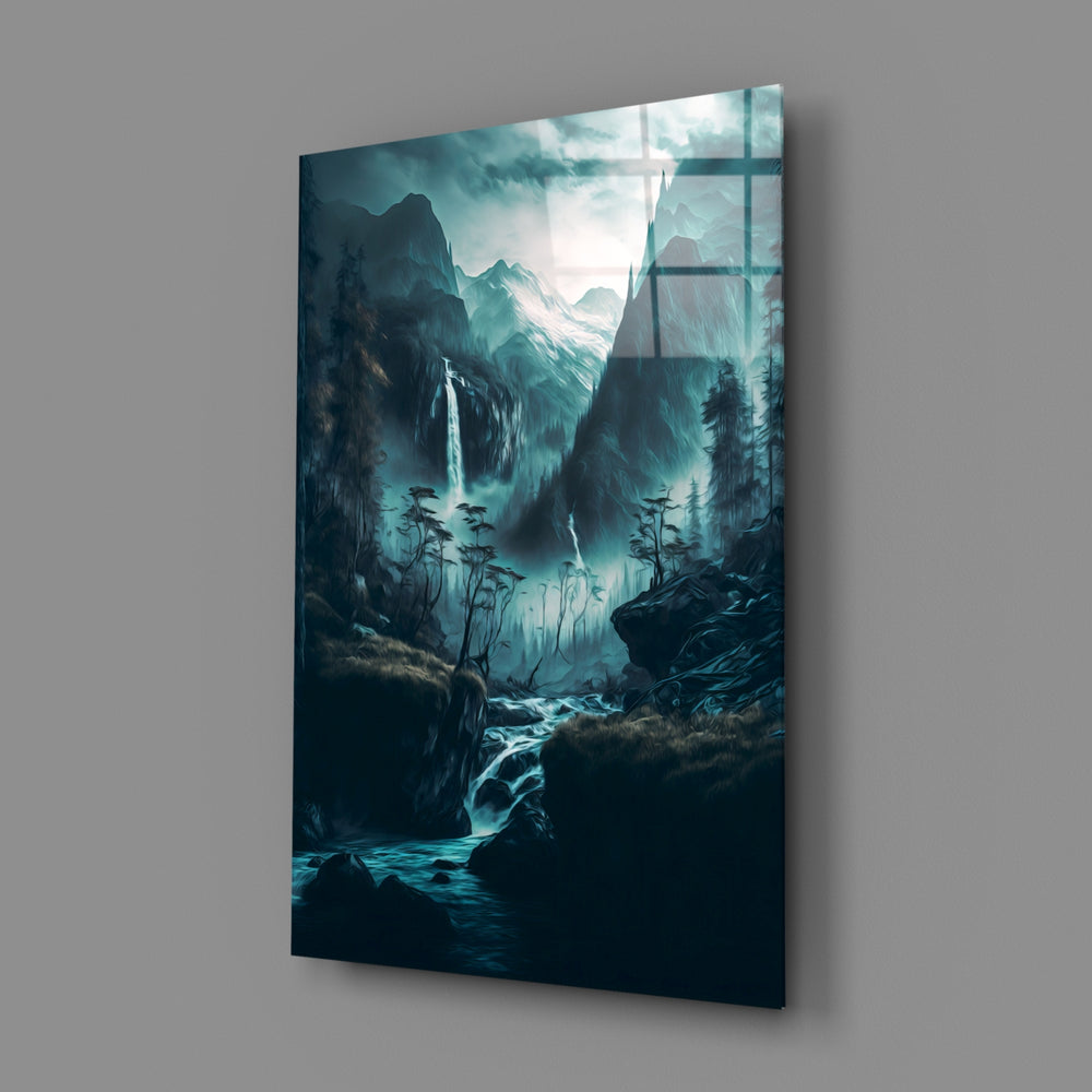 Atmospheric-landscape panel bringing meditative cool to a contemporary bathroom