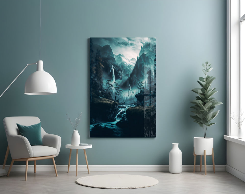 Dreamtopia glass wall art styled above a console in a hallway