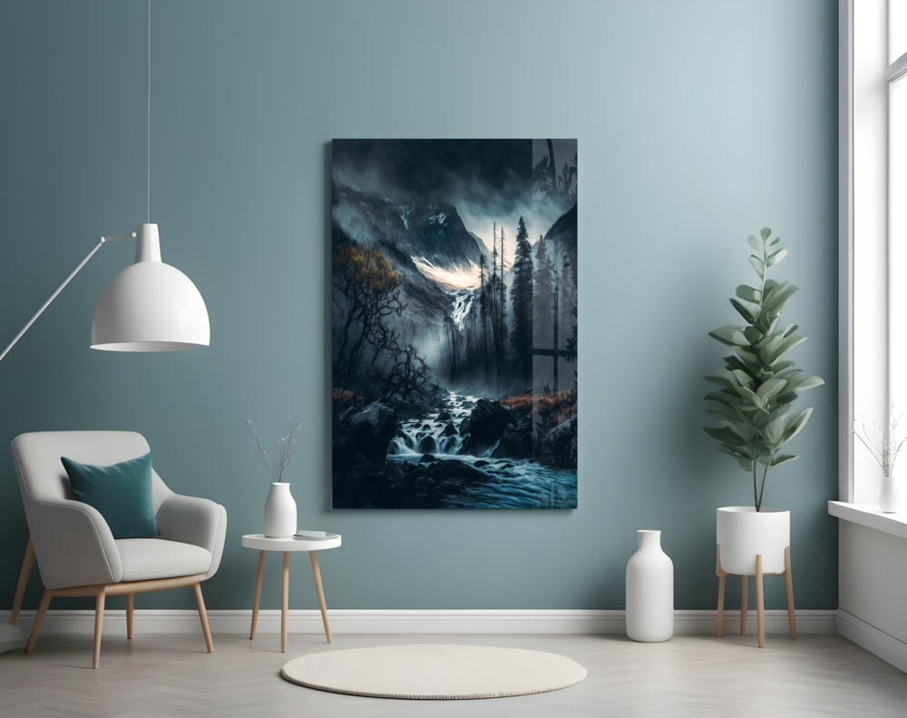 Dreamtopia glass wall art styled above a console in a hallway