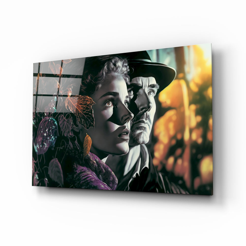 Nostalgic Scenes glass wall art displayed above a velvet sofa in a moody living room with brass sconces