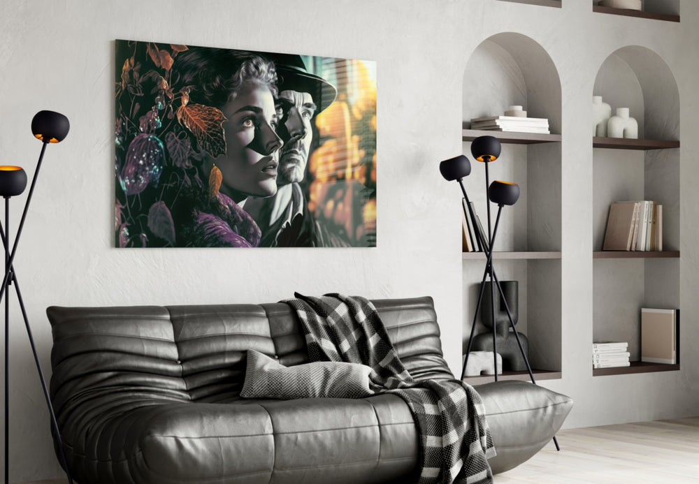 Nostalgic Scenes glass wall art styled above a walnut console in a hallway