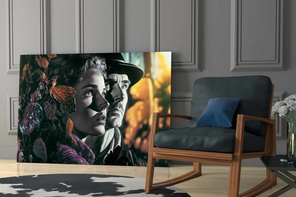 Nostalgic Scenes glass print enhancing a library with cinematic mood