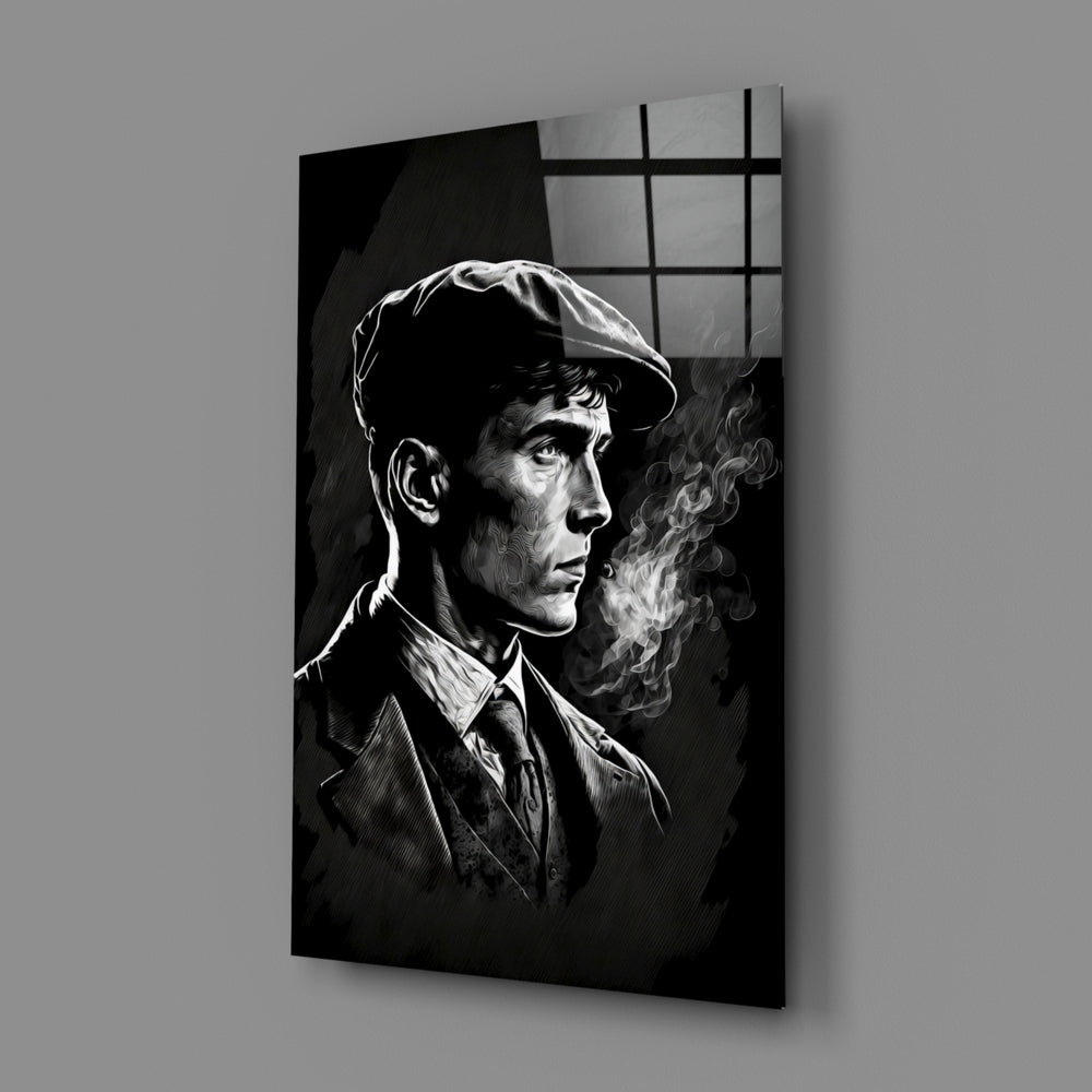 Noir-portrait panel bringing cold-steel gravity to a contemporary man cave