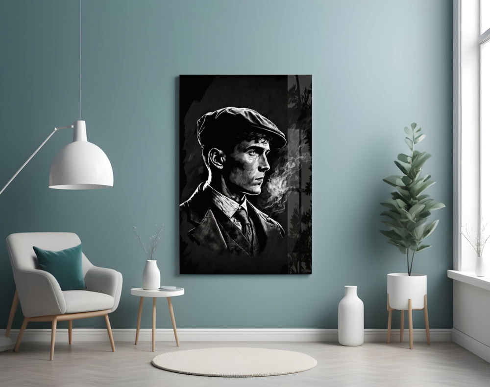 Thomas Shelby glass wall art styled above a leather chesterfield in a study
