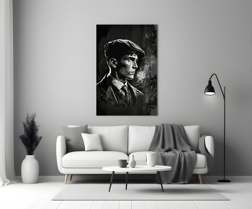Thomas Shelby close-up showing newsboy cap silhouette with curling smoke