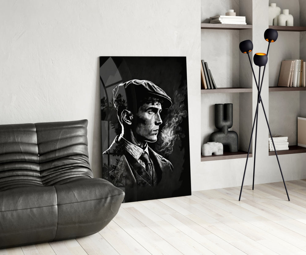 Thomas Shelby panel adding editorial drama to a whisky bar nook
