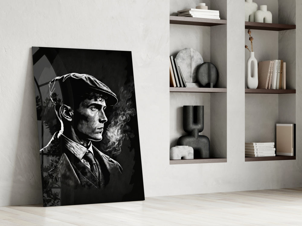 Thomas Shelby glass print enhancing a hallway with cinematic mood