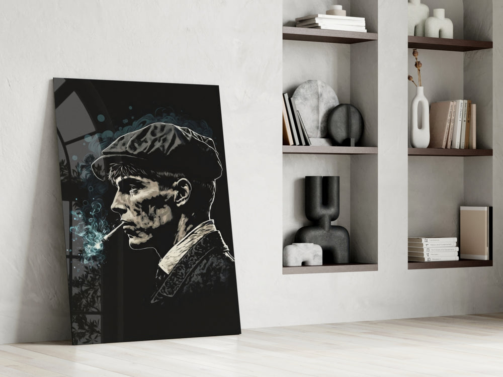 Thomas Shelby glass print enhancing a whisky bar nook with cinematic mood