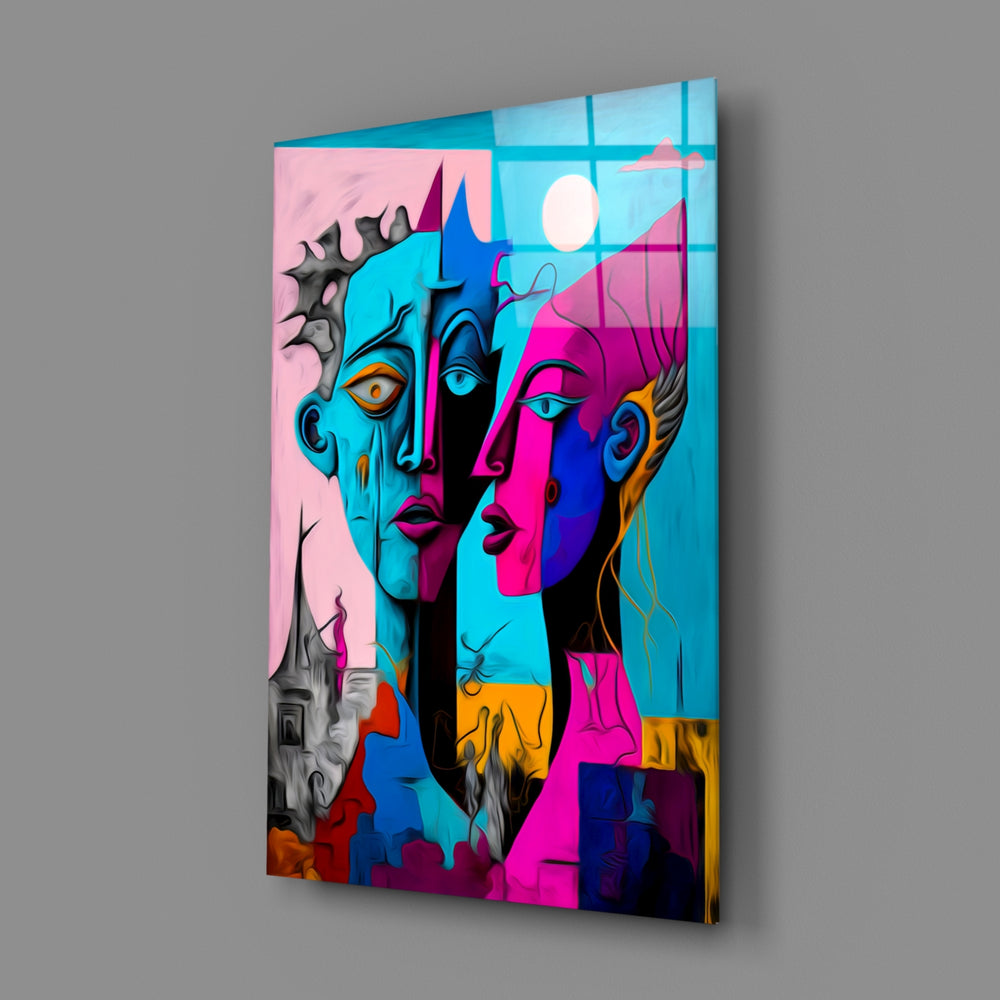 Cubist-portrait panel bringing electric tenderness to a contemporary living room
