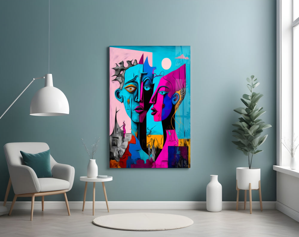 Intimacy glass wall art styled above a console in a hallway