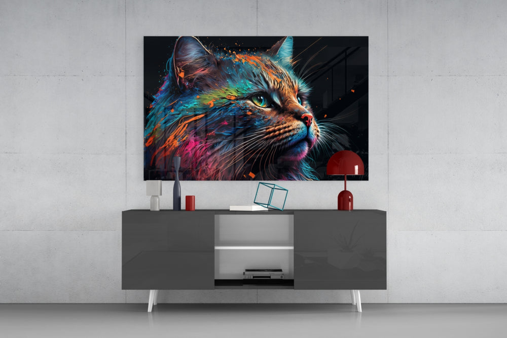 Colorful Cat panel catching lamp light to reveal its kinetic charm