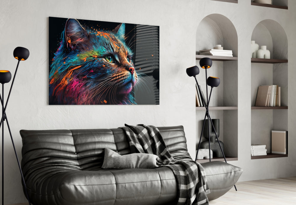 Colorful Cat glass wall art styled above a console in a hallway
