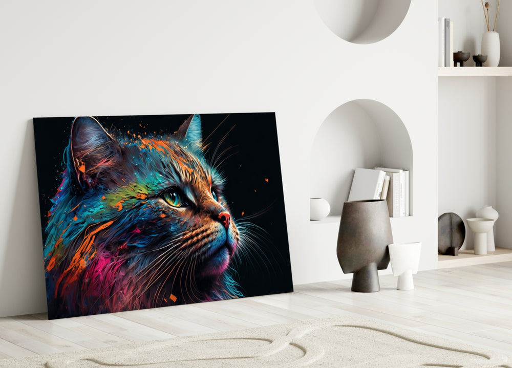 Colorful Cat close-up showing soulful feline gaze in teal-and-coral splash