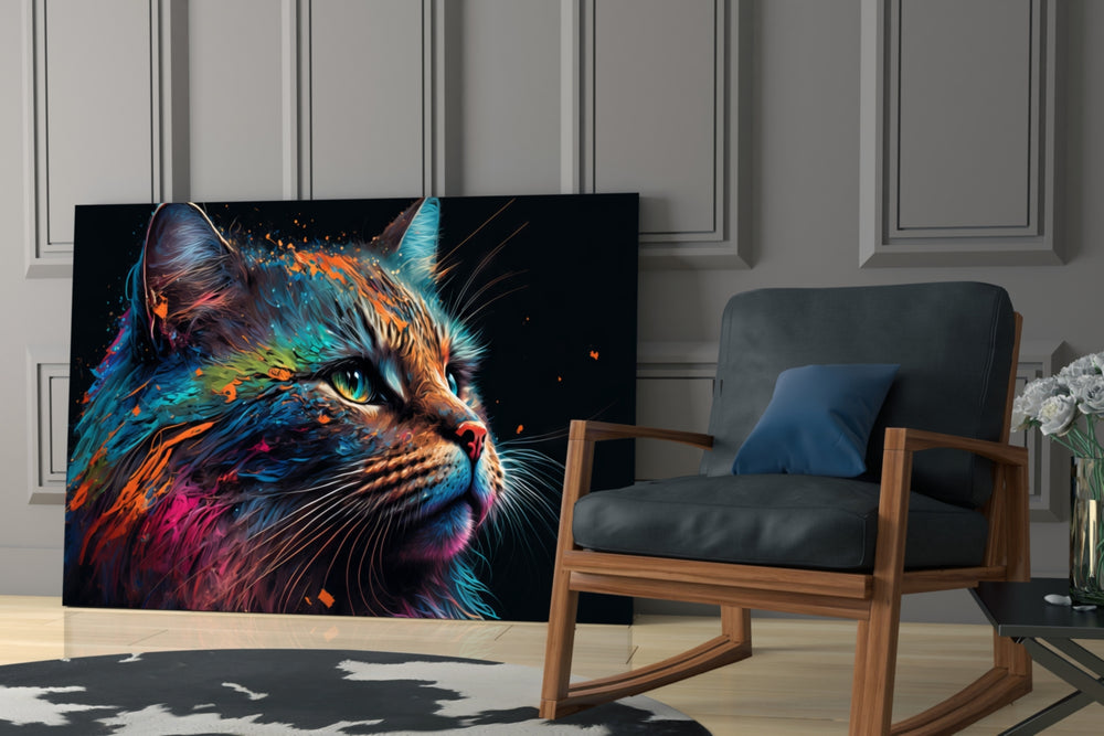 Colorful Cat glass print enhancing a study with cinematic mood