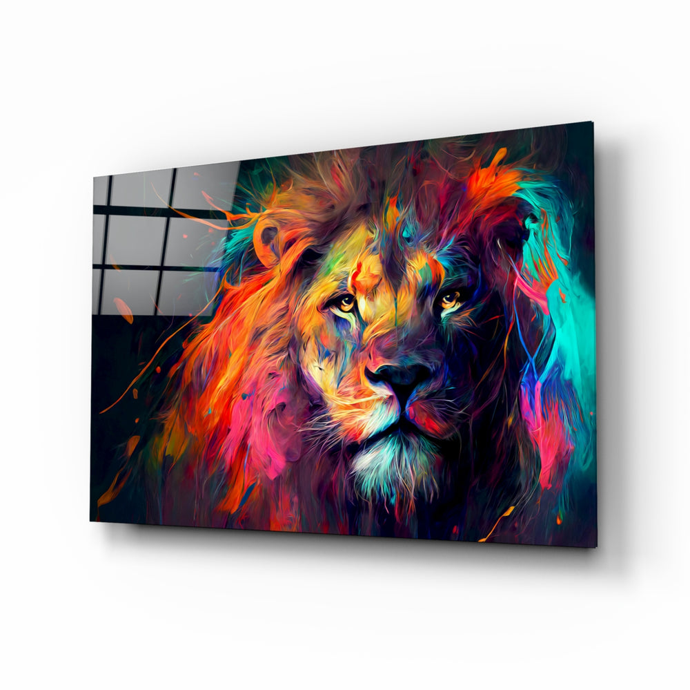 Nobility of the Lion glass wall art displayed above a velvet sofa in a contemporary living room with brass sconces