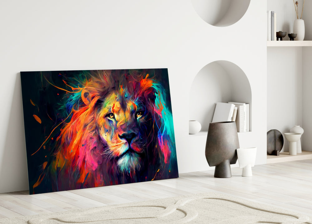 Nobility of the Lion close-up showing crimson-and-teal mane and steady amber eyes