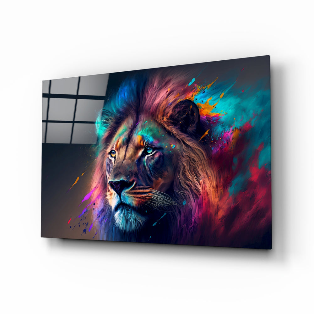 Nobility of the Lion glass wall art displayed above a velvet sofa in a contemporary living room with jewel-tone accents