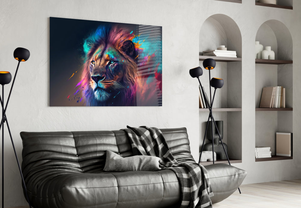 Nobility of the Lion glass wall art styled above a console in a hallway