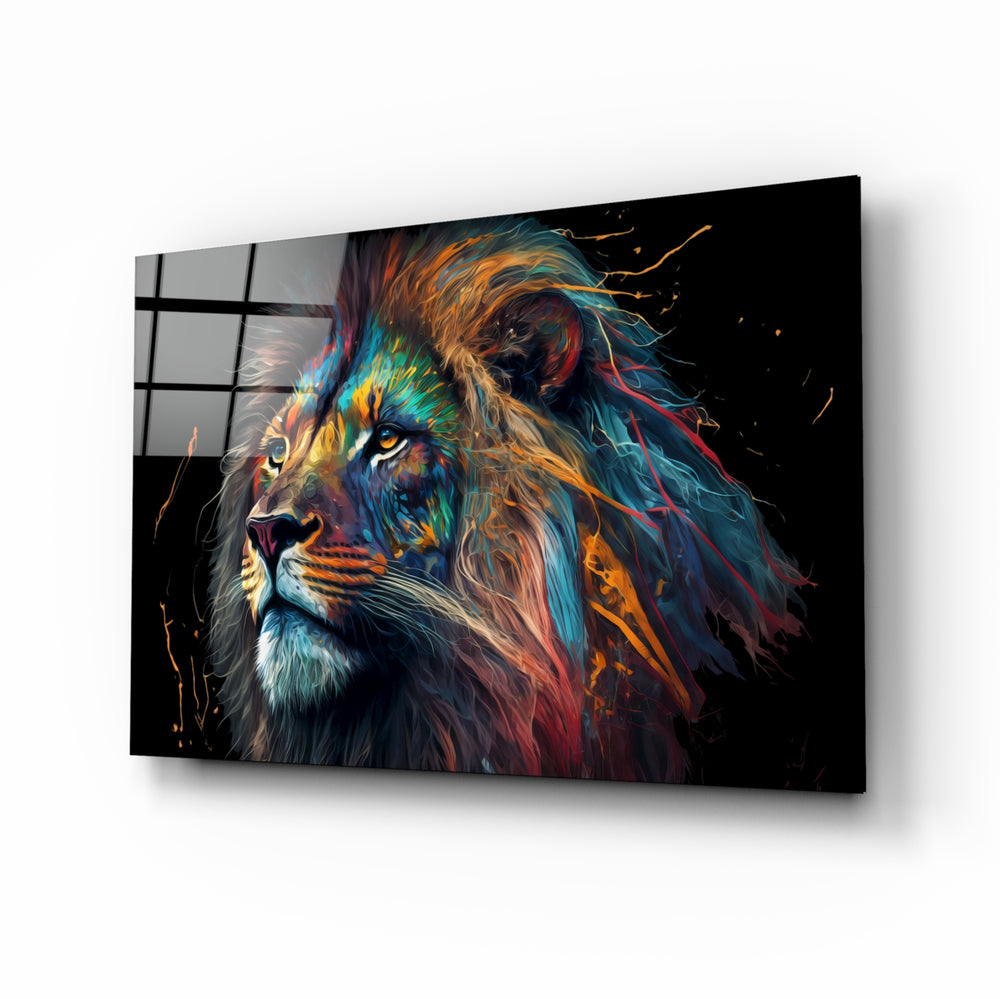 Nobility of the Lion glass wall art displayed above a leather sofa in a contemporary living room with brass sconces