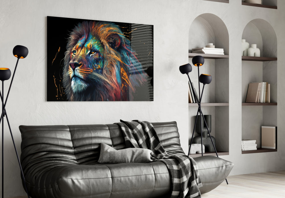 Nobility of the Lion glass wall art styled above a console in a hallway