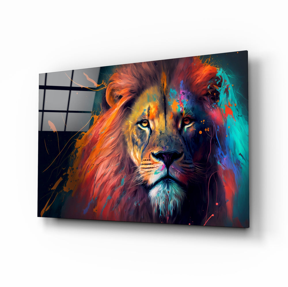 Nobility of the Lion glass wall art displayed above a leather sofa in a moody man cave with brass sconces