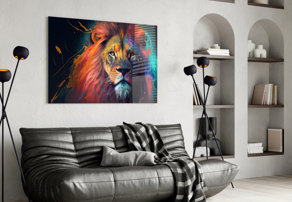 Nobility of the Lion glass wall art styled above a console in a hallway