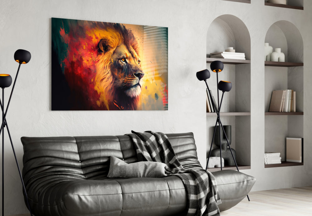 Nobility of the Lion glass wall art styled above a console in a hallway
