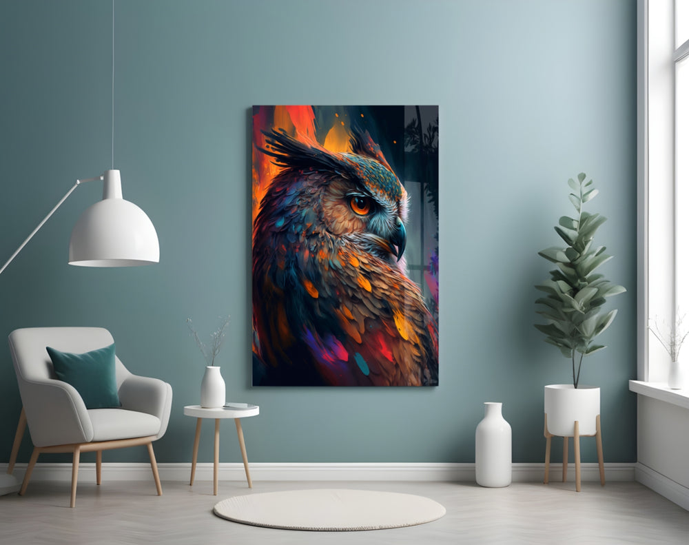 Owl's Eye glass wall art styled above a console in a hallway