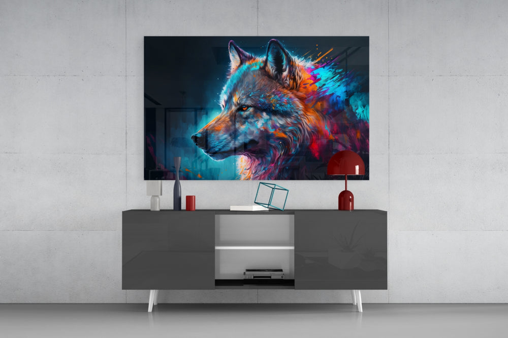 Freedom of the Wolf panel catching lamp light to reveal its wild kinetic charge