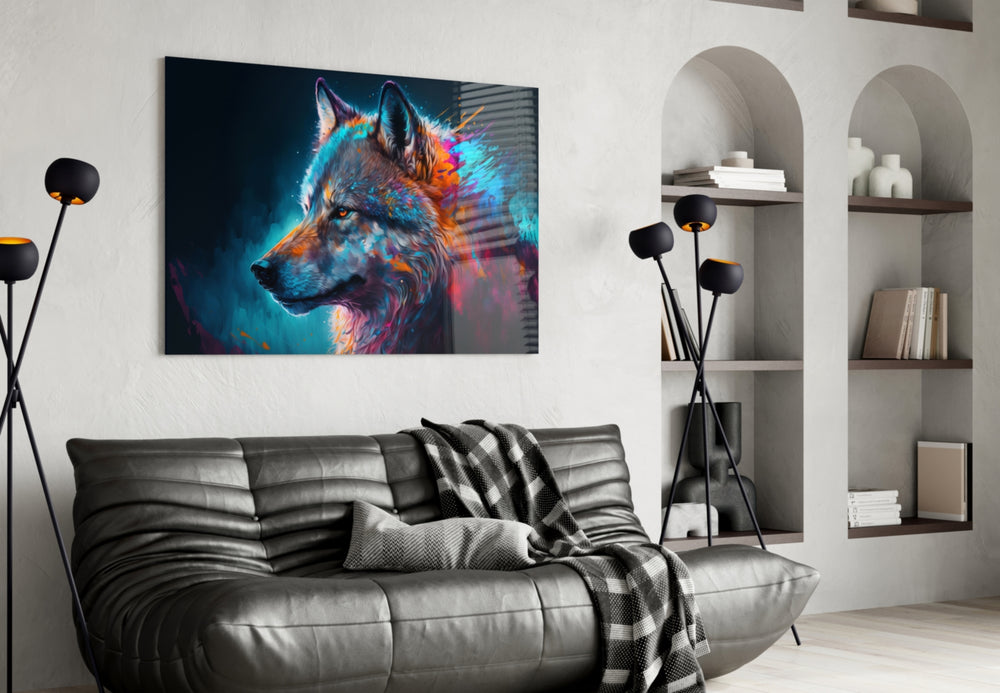 Freedom of the Wolf glass wall art styled above a console in a hallway