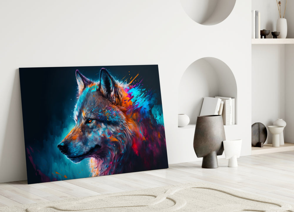 Freedom of the Wolf close-up showing turquoise-and-magenta mane and glowing amber eye