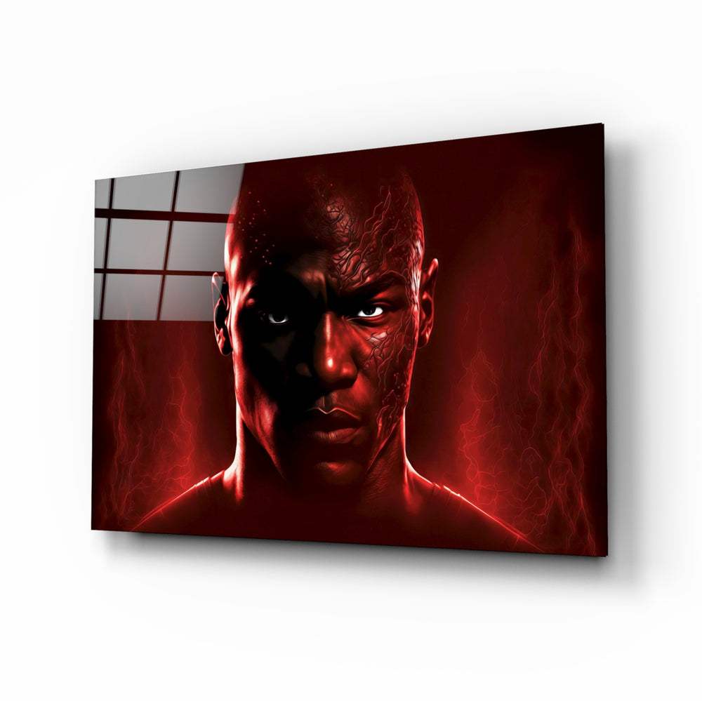 Iconic Michael Jordan glass wall art displayed above a leather sofa in a moody man cave with brass sconces