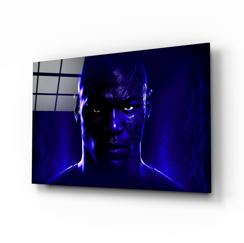 Iconic Michael Jordan glass wall art displayed above a leather sofa in a moody man cave with brass sconces