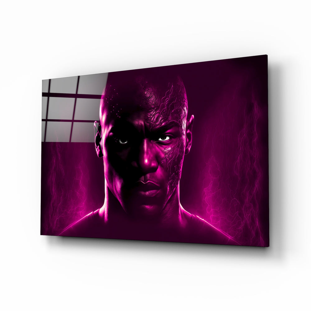Iconic Michael Jordan glass wall art displayed above a leather sofa in a contemporary man cave with brass sconces
