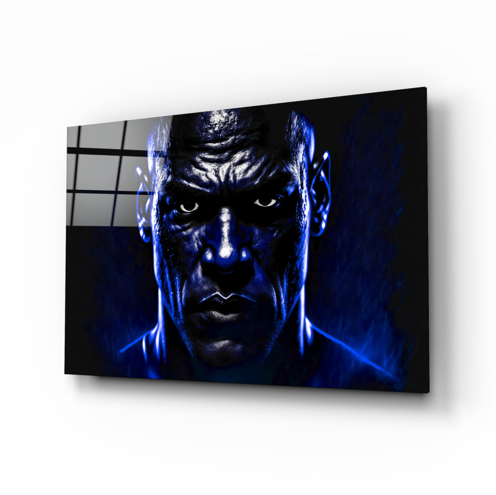 Iconic Michael Jordan glass wall art displayed above a leather sofa in a moody man cave with brass sconces