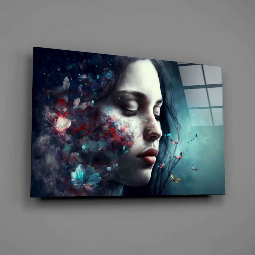 Surreal-portrait panel bringing dreamlike calm to a contemporary living room