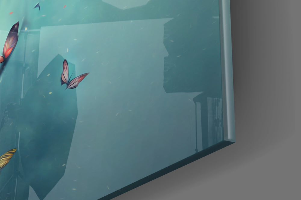 Butterfly Dreams artwork anchoring a wall with cool serene palette