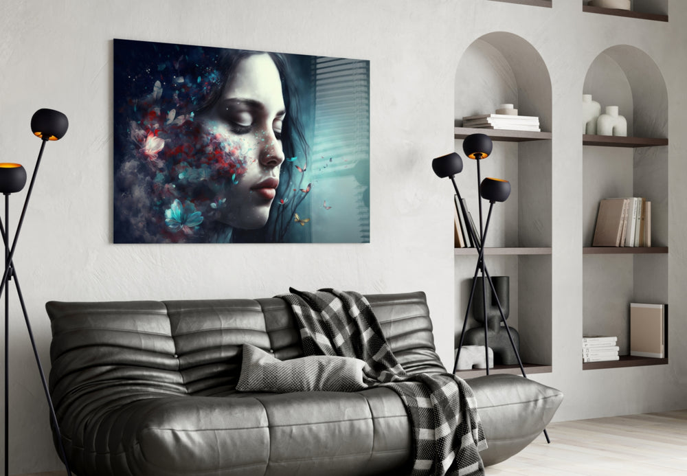 Butterfly Dreams glass wall art styled above a console in a hallway