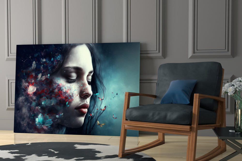 Butterfly Dreams glass print enhancing a powder room with cinematic mood