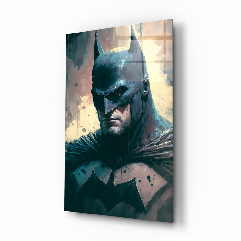 Batman glass wall art displayed above a leather sofa in a moody man cave with brass sconces