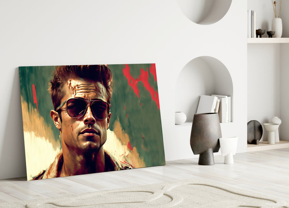 Tyler Durden close-up showing aviator shades against olive haze and crimson smears