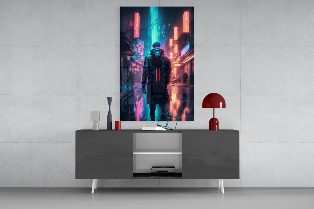 Cyberpunk panel catching screen glow to reveal its electric melancholy