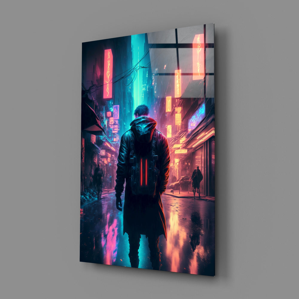Neon-noir panel bringing electric melancholy to a contemporary teen lounge