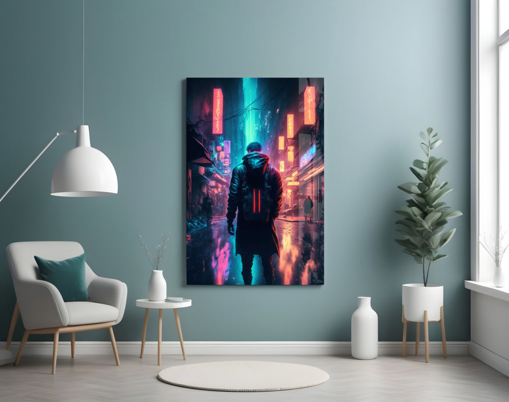 Cyberpunk glass wall art styled above a console in a man cave