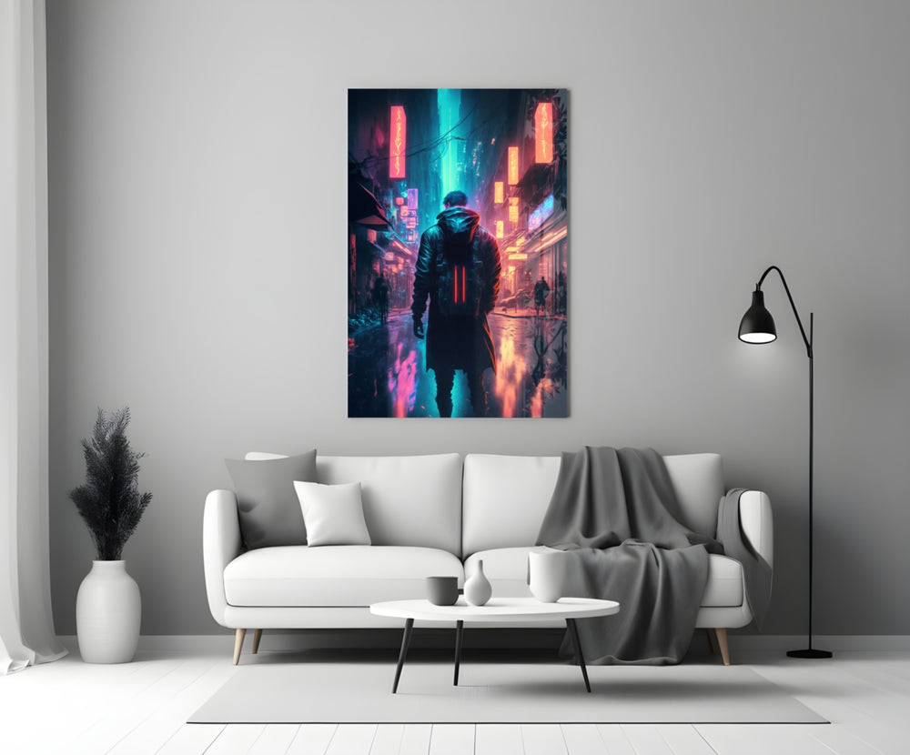 Cyberpunk close-up showing hooded drifter walking through neon rain-slick alley