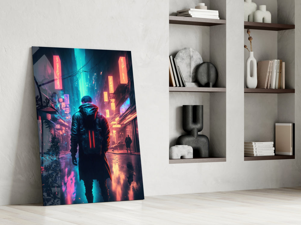Cyberpunk glass print enhancing a home theater with cinematic mood