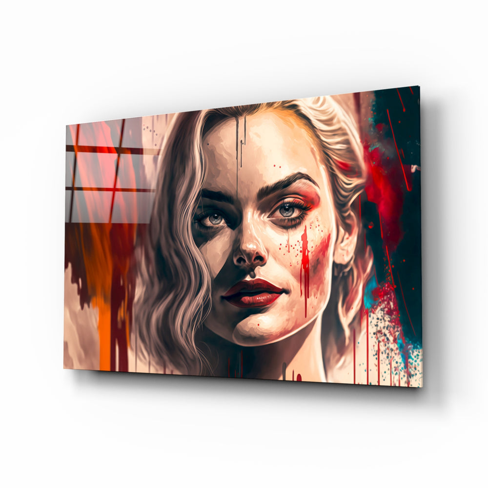 Harley Quinn glass wall art displayed above a velvet sofa in a moody teen lounge with industrial pendants