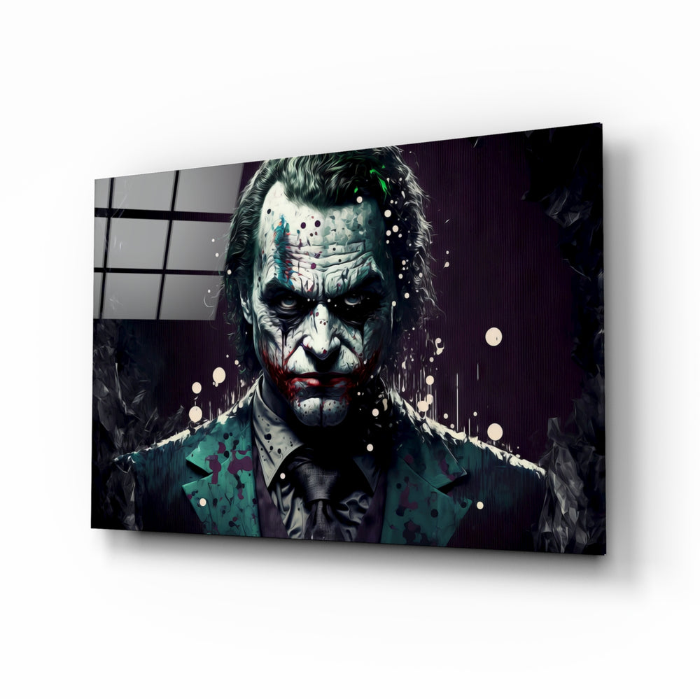 Joker glass wall art displayed above a leather sofa in a moody man cave with brass sconces