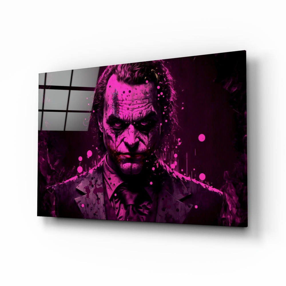 Joker glass wall art displayed above a leather sofa in a contemporary man cave with neon accents